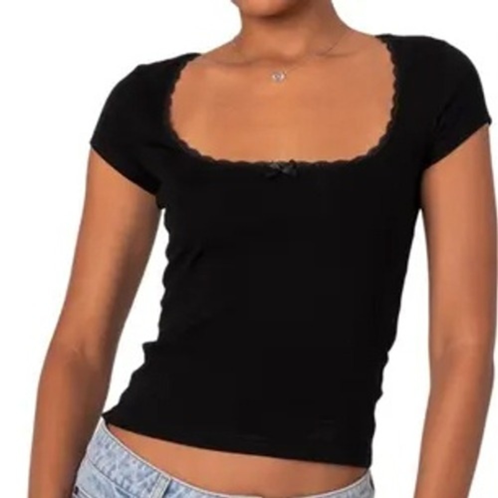 Edikted Baby Tee Women S Black Lace Trim Bow Coquette Soft Girl Dollette Y2K Top